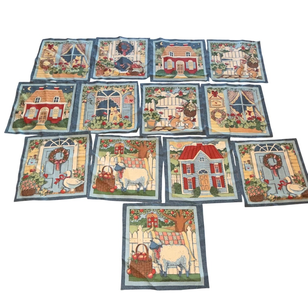 90s Vintage Susan Winget Country Farmhouse Quilt Blocks Fabric Squares Set of 13